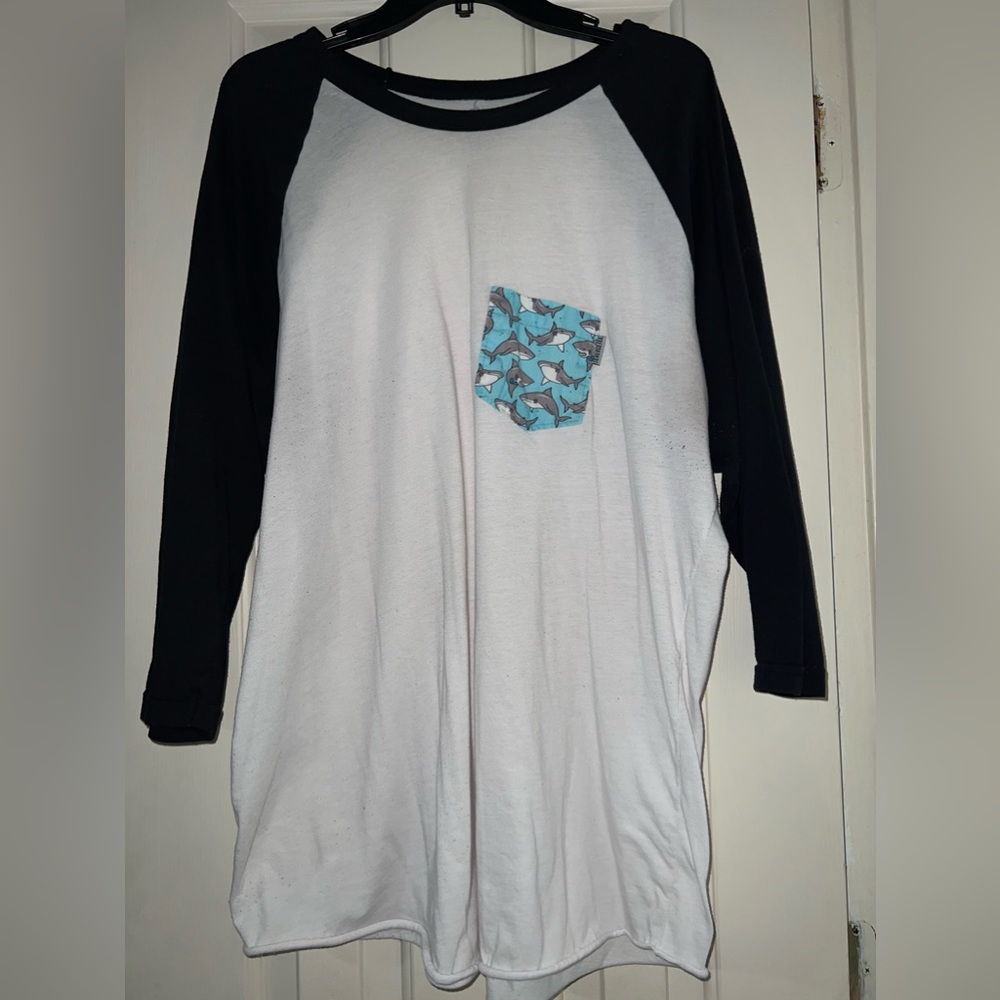 3/4 sleeve top, Serengetee brand shark frocket. Size XL